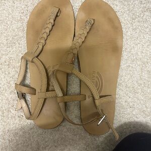 Rainbow Tan Braided Leather T-Strap Sandals